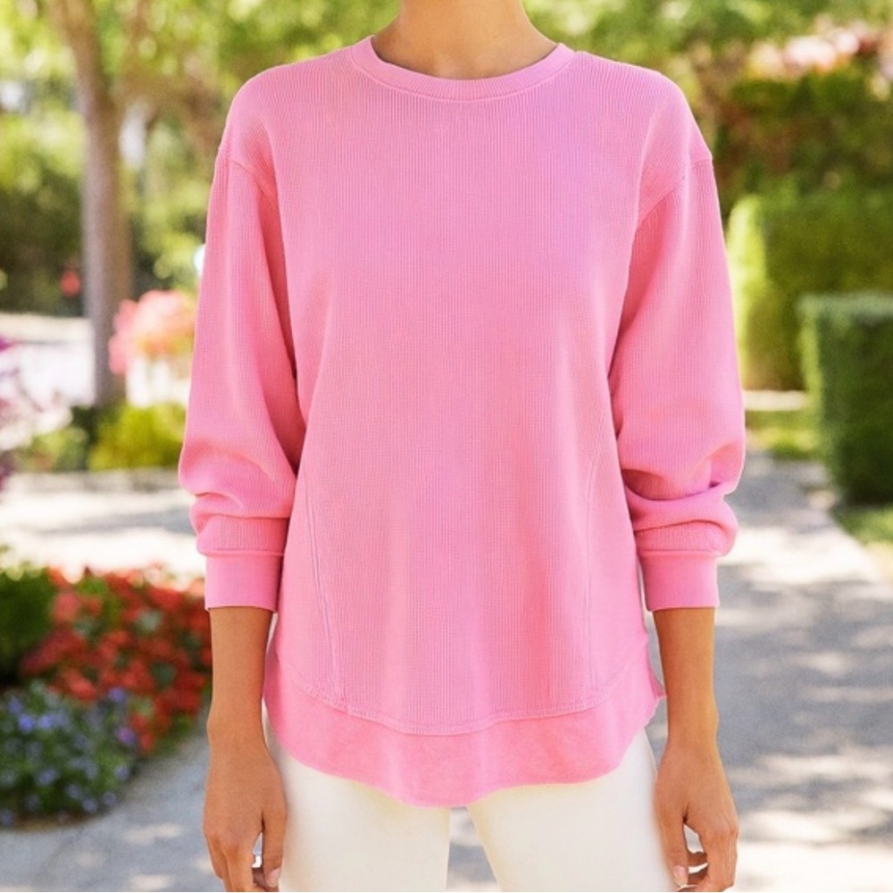 SUNNYSIDE  By SUNDRY Pink Waffle Knit Crewneck Sweatshirt- Anthropologie